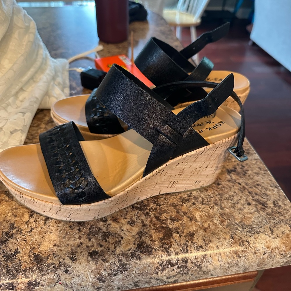 Kork-Ease Black Wedge Sandals- 10
